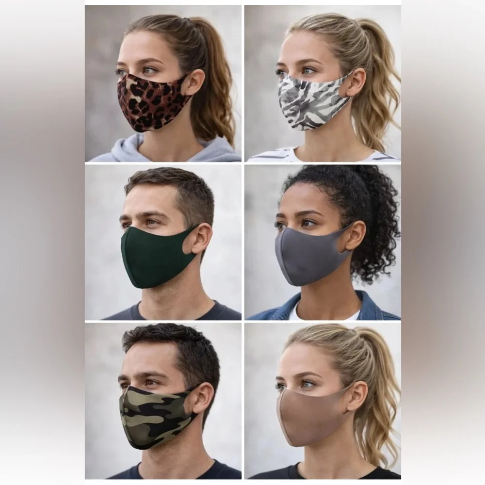 6 Reusable 1-Layer Stretch Face Mask Set Solid & Print Washable Lightweight Face